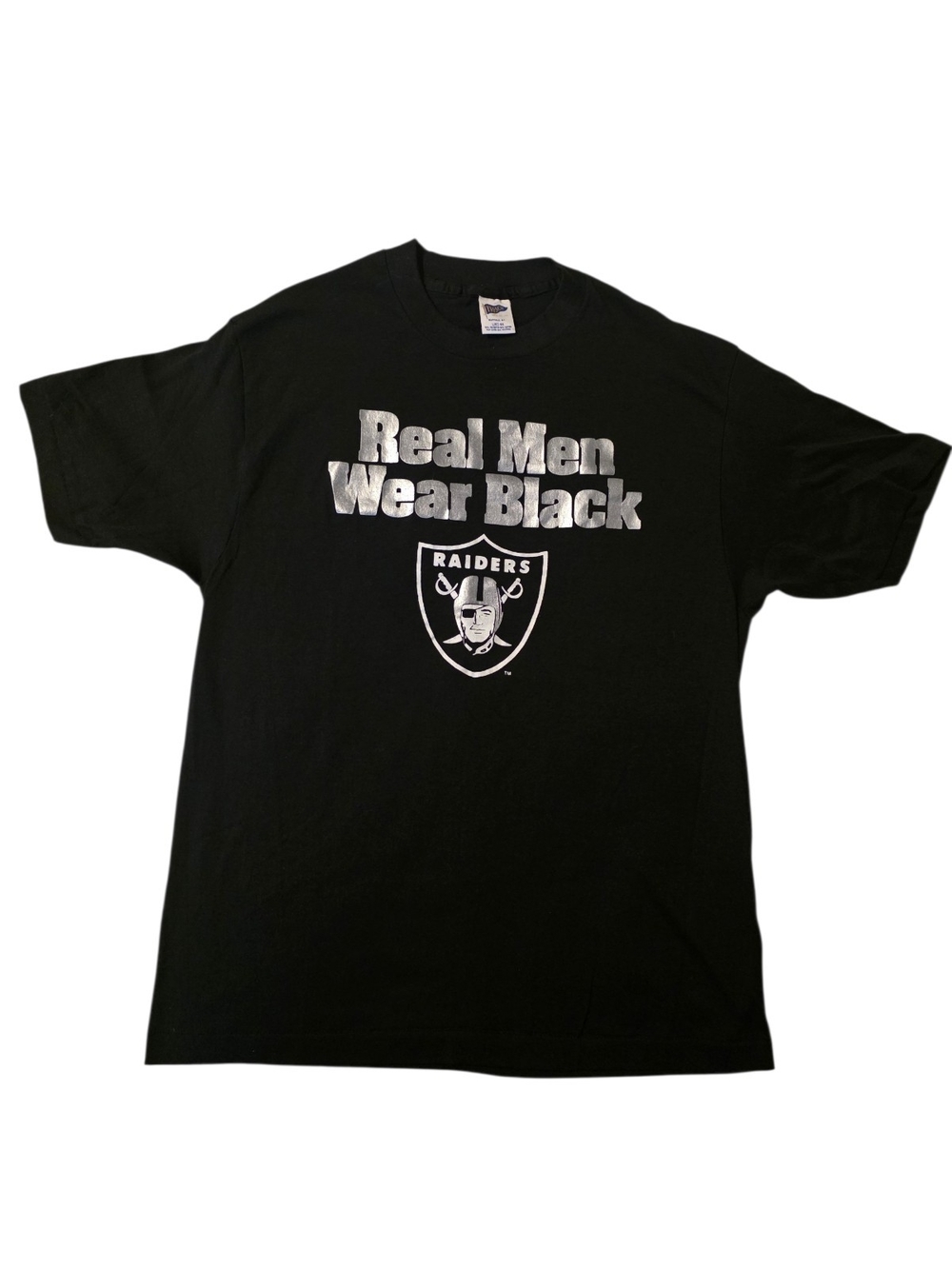 NWOT Vintage TRENCH Mfg Raiders "REAL MEN WEAR BLACK" S/S Shirt. Size Sm/Med